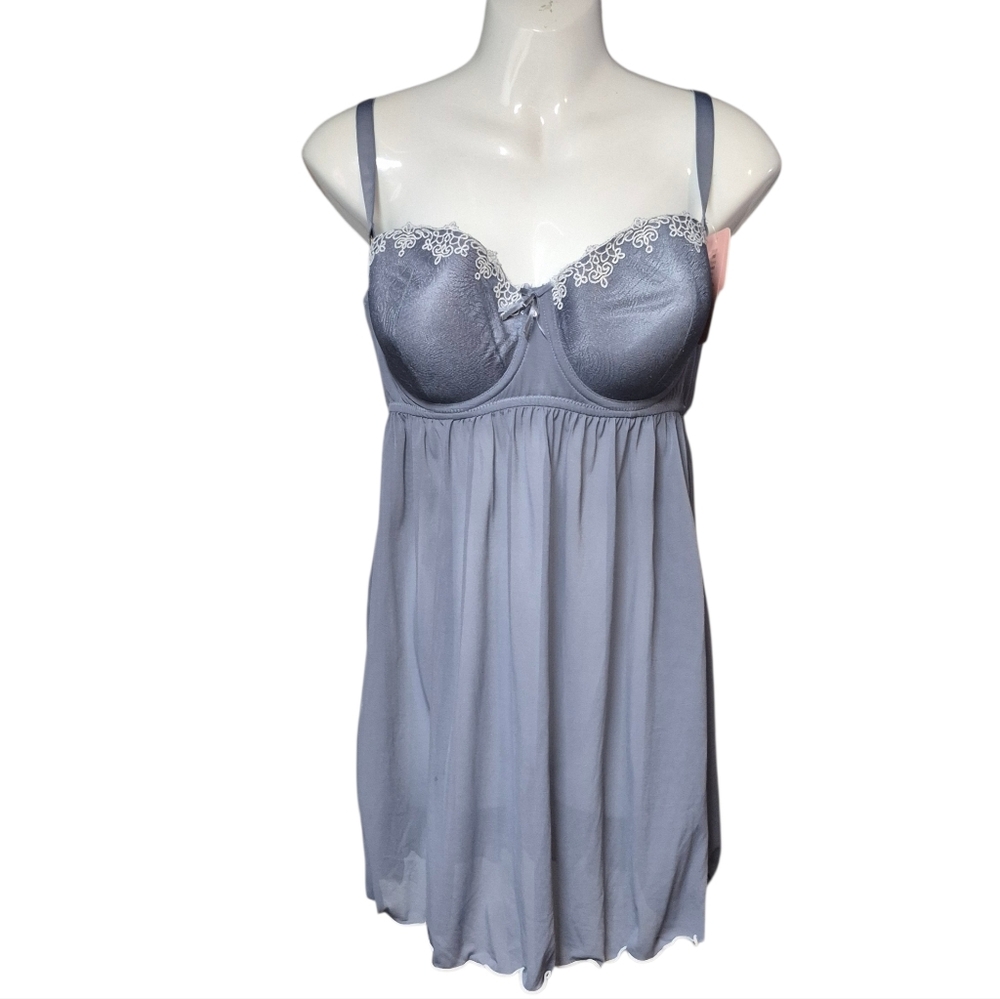 New Affinitas Women's Lace Trim Baby Doll Nightie Grey White Size 38D